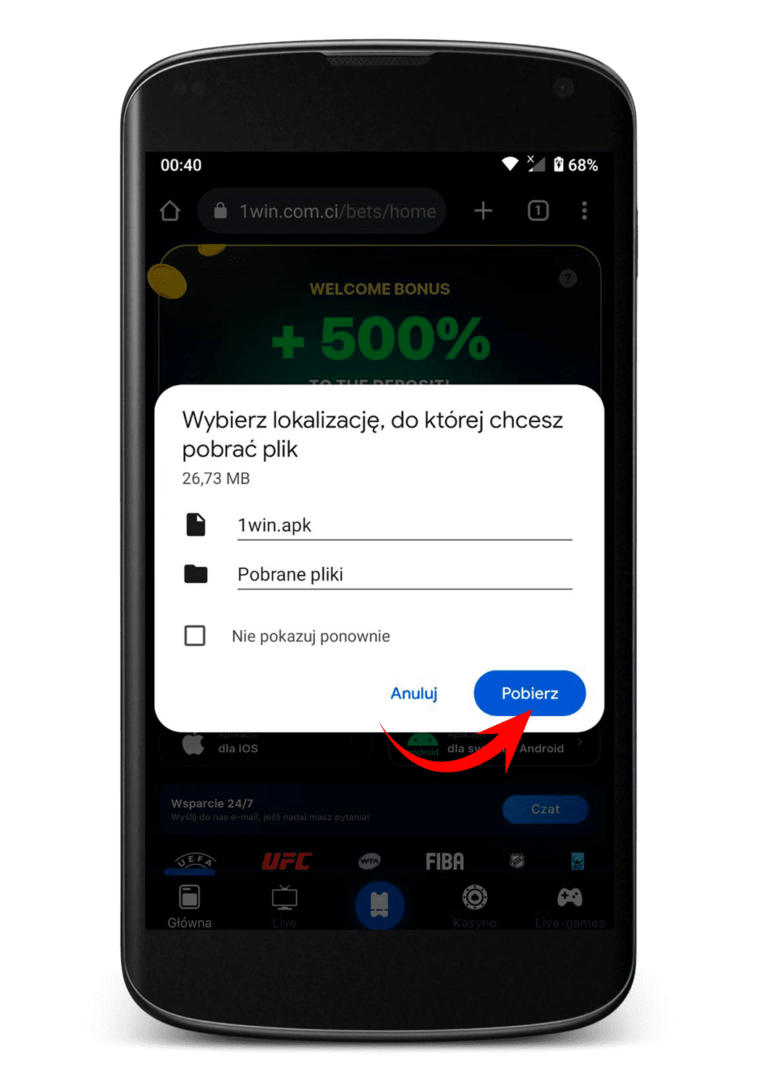 Jak pobrać 1Win apk dla Androida - krok 3