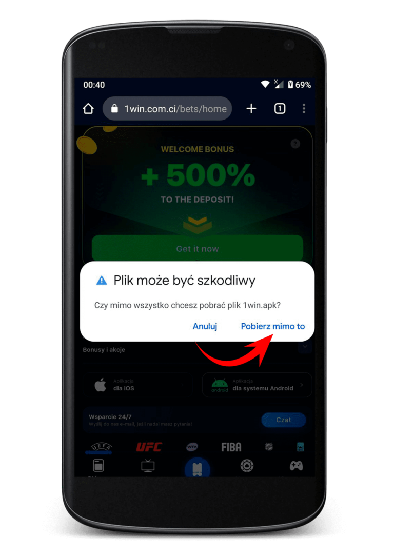 Jak pobrać 1Win apk dla Androida - krok 4