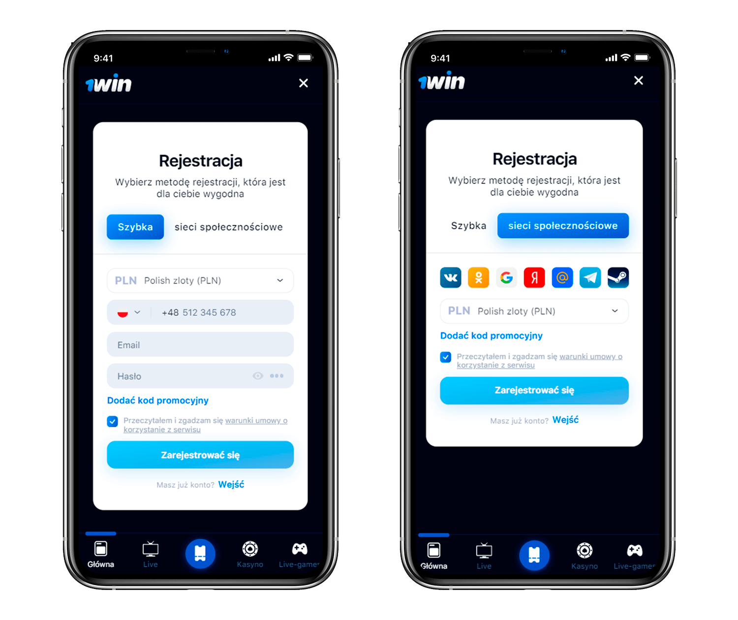 Rejestracja nowego konta 1Win